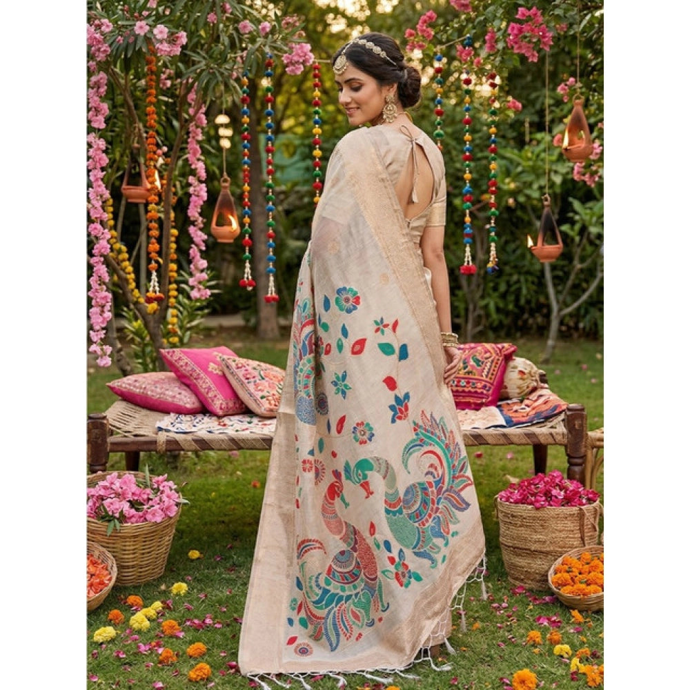 Women's Linen Cotton Floral Embroidered Saree With Unstitched Blouse 5.5 Mtr (Cream)