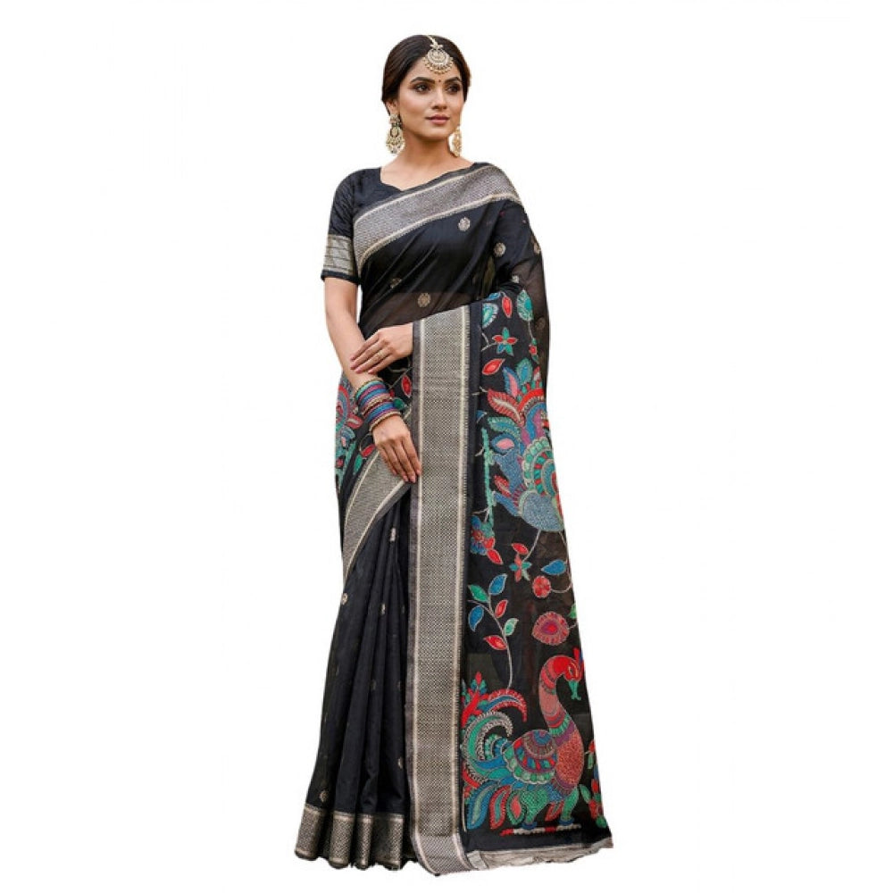 Women's Linen Cotton Floral Embroidered Saree With Unstitched Blouse 5.5 Mtr (Black)