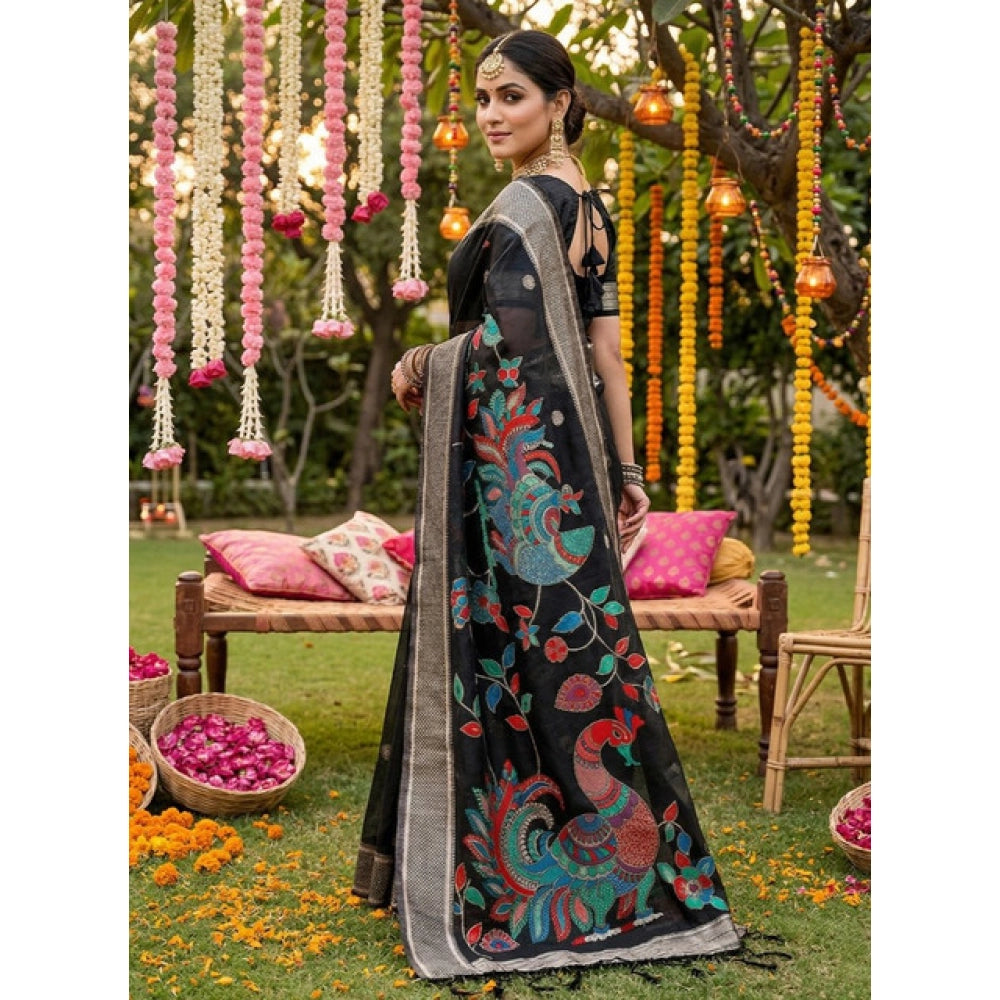 Women's Linen Cotton Floral Embroidered Saree With Unstitched Blouse 5.5 Mtr (Black)