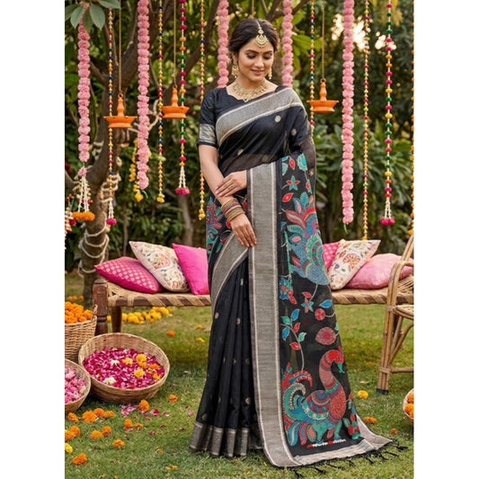 Women's Linen Cotton Floral Embroidered Saree With Unstitched Blouse 5.5m (Black)