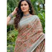Women's Linen Floral Embroidered Saree With Unstitched Blouse 5.5 Mtr (Brown)