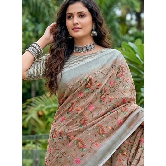 Women's Linen Floral Embroidered Saree With Unstitched Blouse 5.5m (Brown)