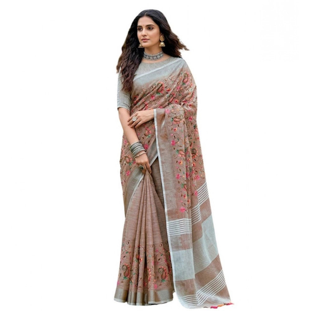 Women's Linen Floral Embroidered Saree With Unstitched Blouse 5.5 Mtr (Brown)