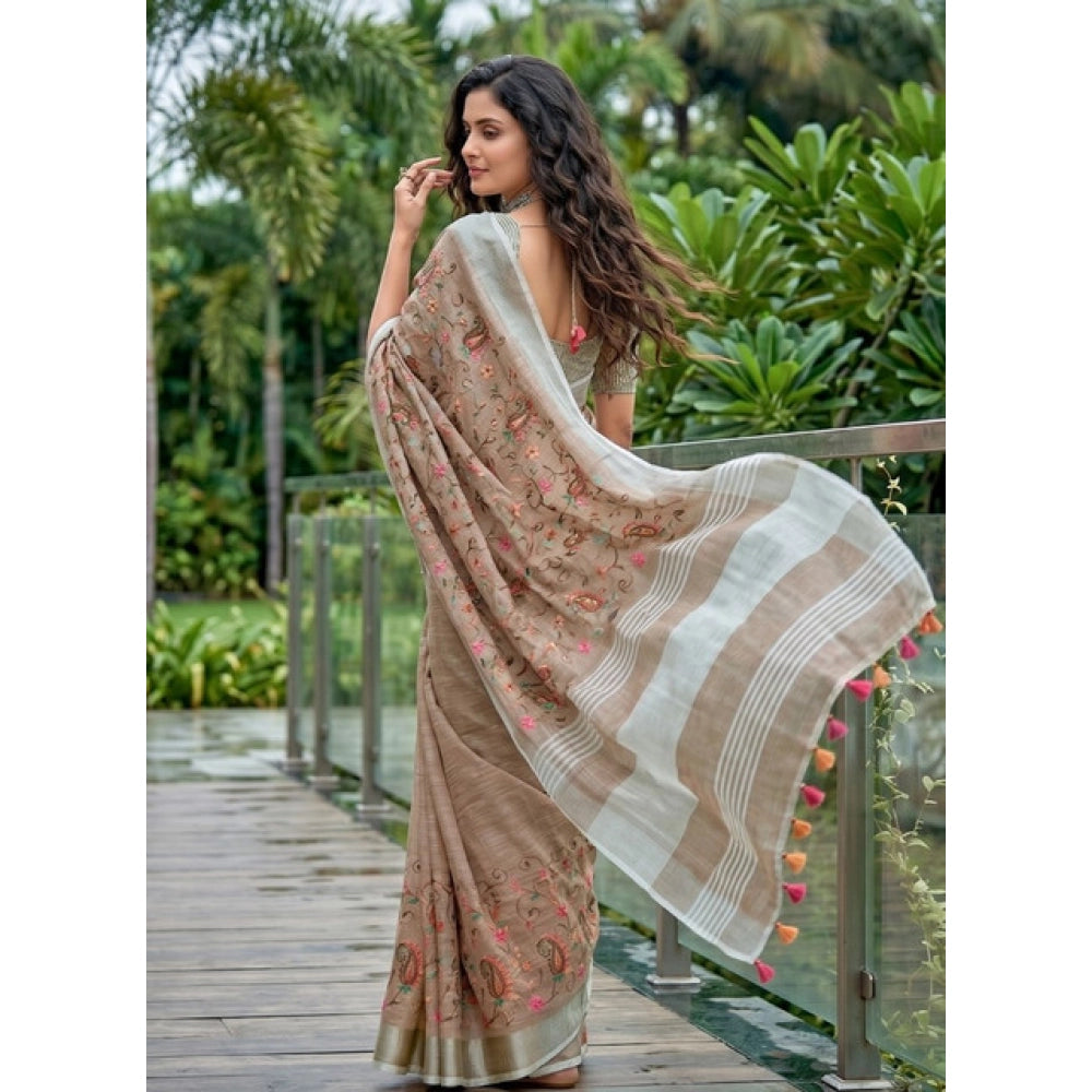 Women's Linen Floral Embroidered Saree With Unstitched Blouse 5.5 Mtr (Brown)