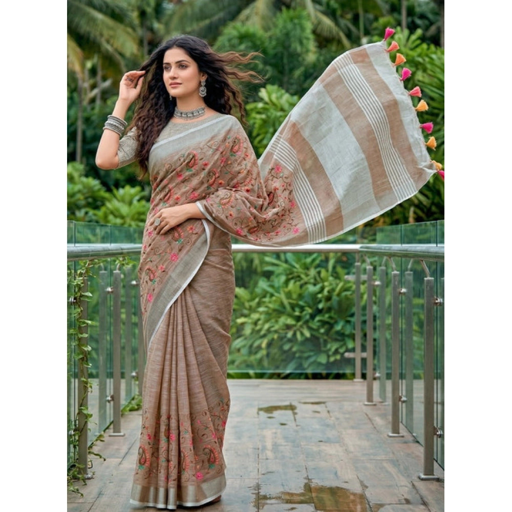 Women's Linen Floral Embroidered Saree With Unstitched Blouse 5.5 Mtr (Brown)
