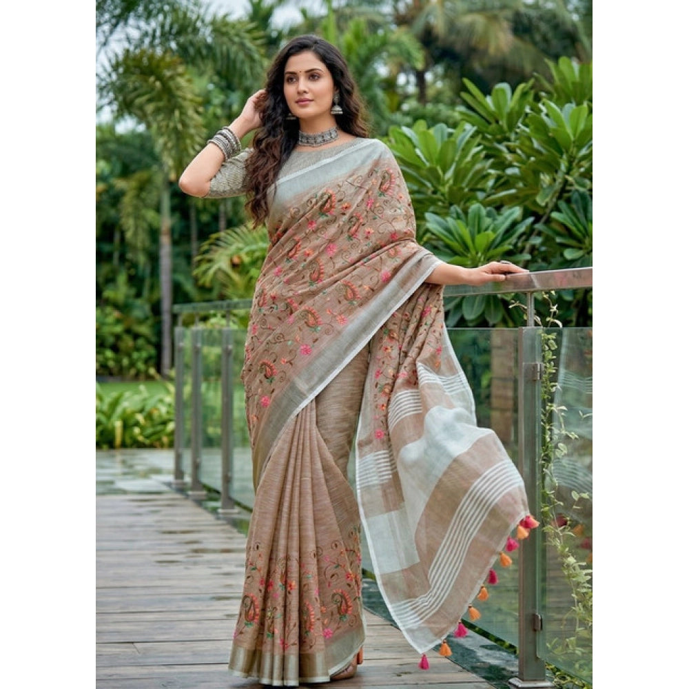 Women's Linen Floral Embroidered Saree With Unstitched Blouse 5.5 Mtr (Brown)