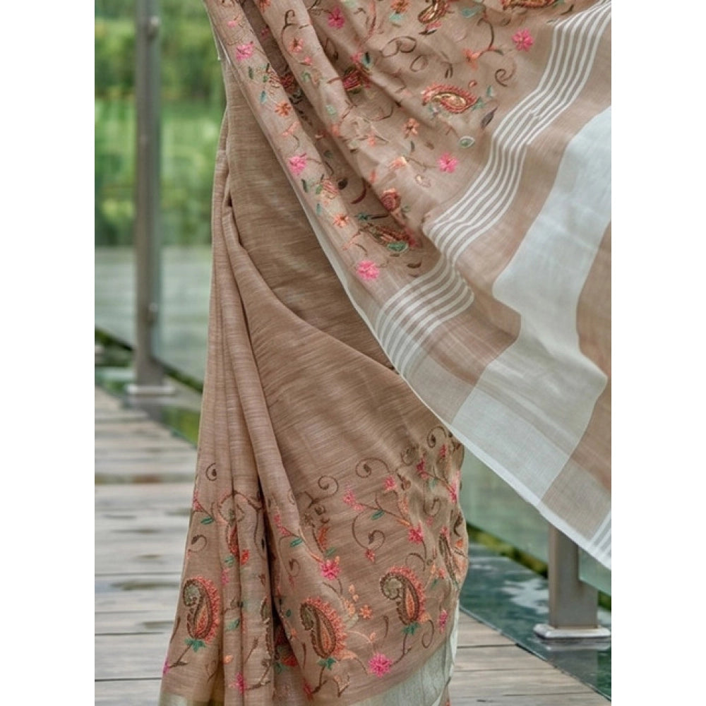 Women's Linen Floral Embroidered Saree With Unstitched Blouse 5.5 Mtr (Brown)