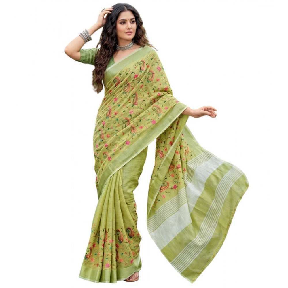Women's Linen Floral Embroidered Saree With Unstitched Blouse 5.5 Mtr (Light Green)