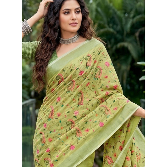 Women's Linen Floral Embroidered Saree With Unstitched Blouse 5.5m (Light Green)