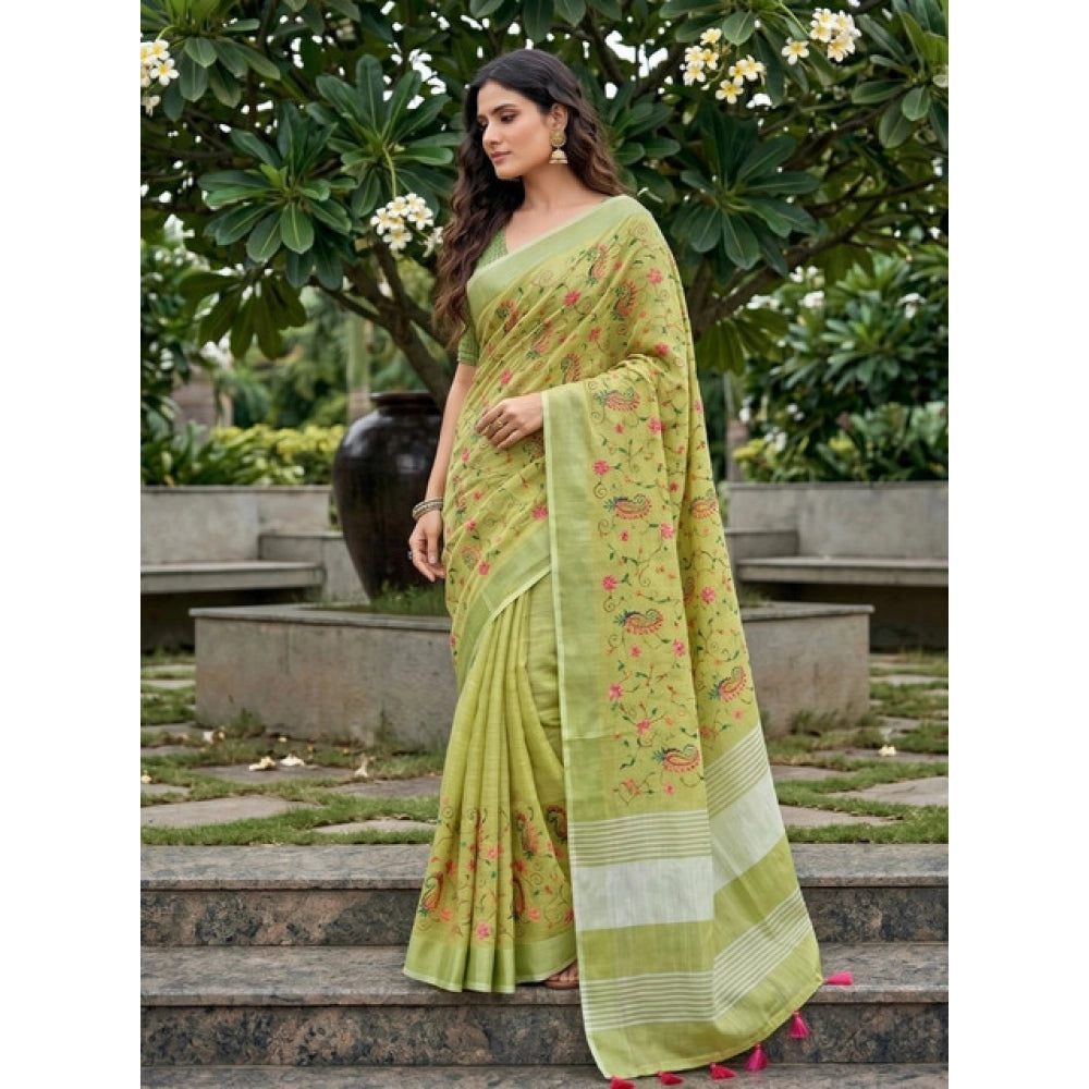 Women's Linen Floral Embroidered Saree With Unstitched Blouse 5.5 Mtr (Light Green)