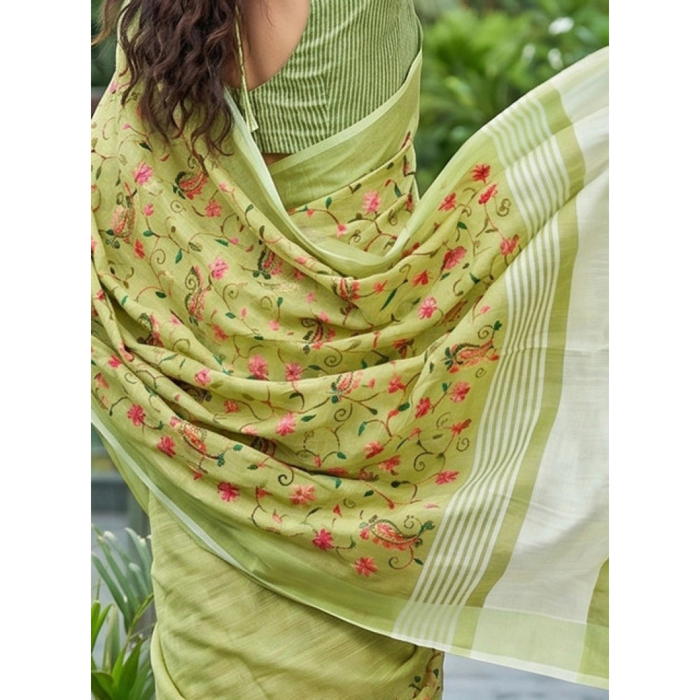 Women's Linen Floral Embroidered Saree With Unstitched Blouse 5.5 Mtr (Light Green)