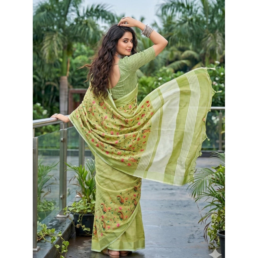 Women's Linen Floral Embroidered Saree With Unstitched Blouse 5.5 Mtr (Light Green)