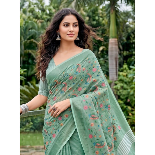 Women's Linen Floral Embroidered Saree With Unstitched Blouse 5.5m (Sea Green)