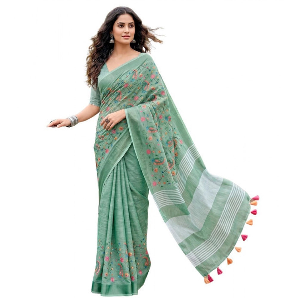 Women's Linen Floral Embroidered Saree With Unstitched Blouse 5.5 Mtr (Sea Green)