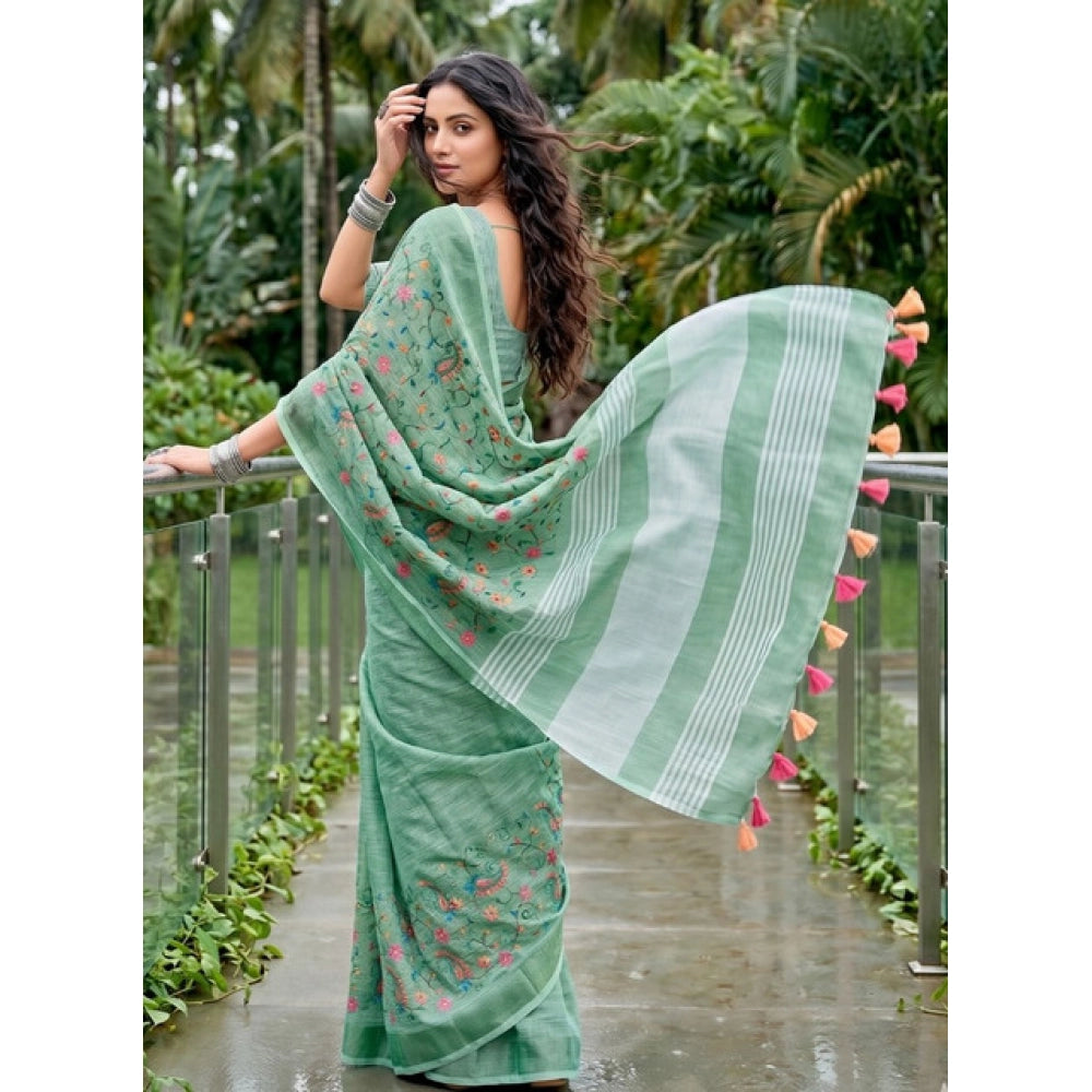 Women's Linen Floral Embroidered Saree With Unstitched Blouse 5.5 Mtr (Sea Green)