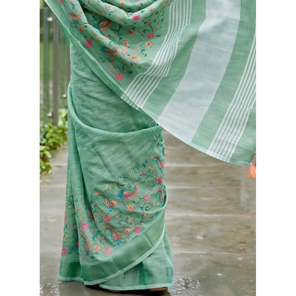 Women's Linen Floral Embroidered Saree With Unstitched Blouse 5.5 Mtr (Sea Green)