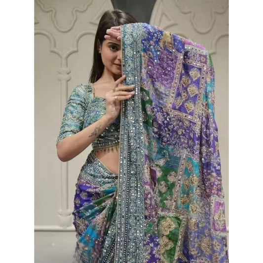 Women's Chiffon Embellished Saree With Unstitched Blouse 5.5m (Multicolor)