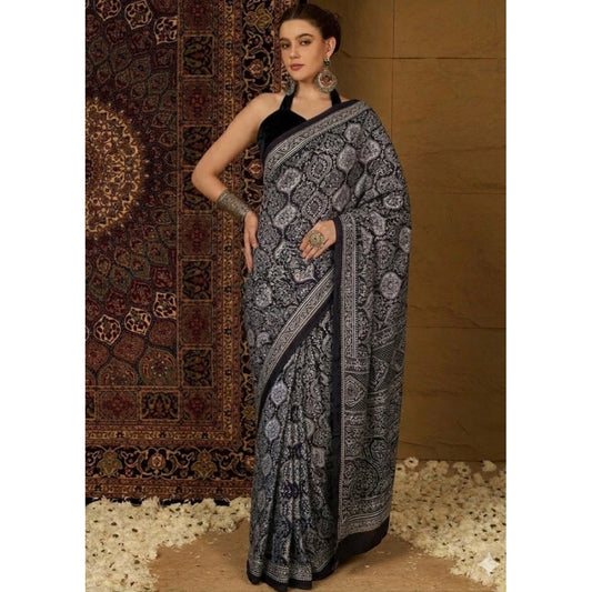 Women's Crepe Printed Saree With Unstitched Blouse 5.5m (Black)