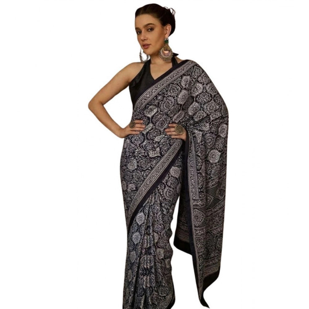 Women's Crepe Printed Saree With Unstitched Blouse 5.5 Mtr (Black)