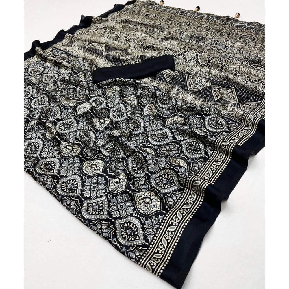 Women's Crepe Printed Saree With Unstitched Blouse 5.5 Mtr (Black)