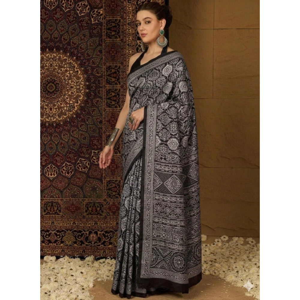Women's Crepe Printed Saree With Unstitched Blouse 5.5 Mtr (Black)