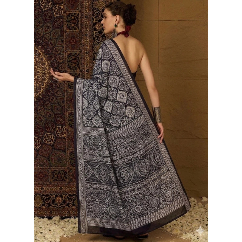 Women's Crepe Printed Saree With Unstitched Blouse 5.5 Mtr (Black)