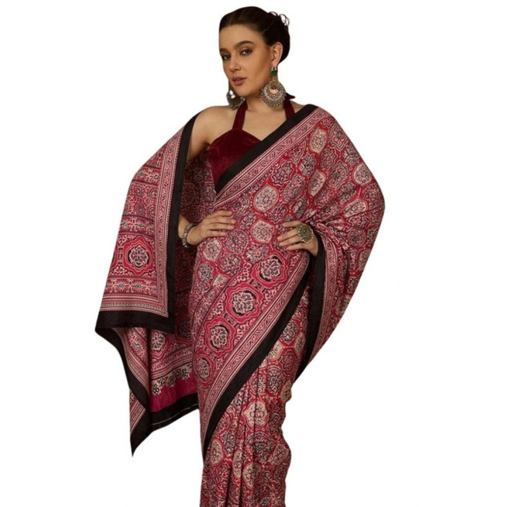 Women's Crepe Printed Saree With Unstitched Blouse 5.5 Mtr (Maroon)