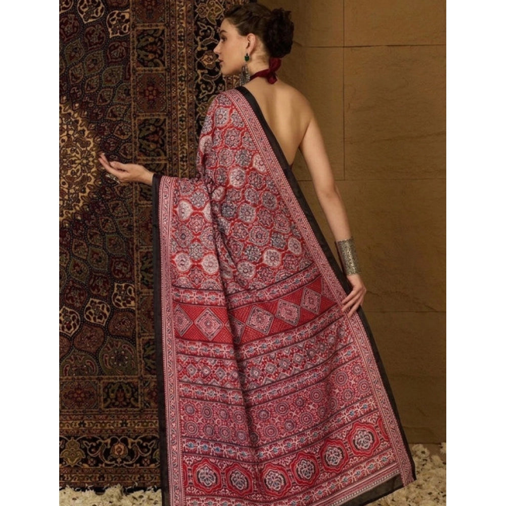 Women's Crepe Printed Saree With Unstitched Blouse 5.5 Mtr (Maroon)