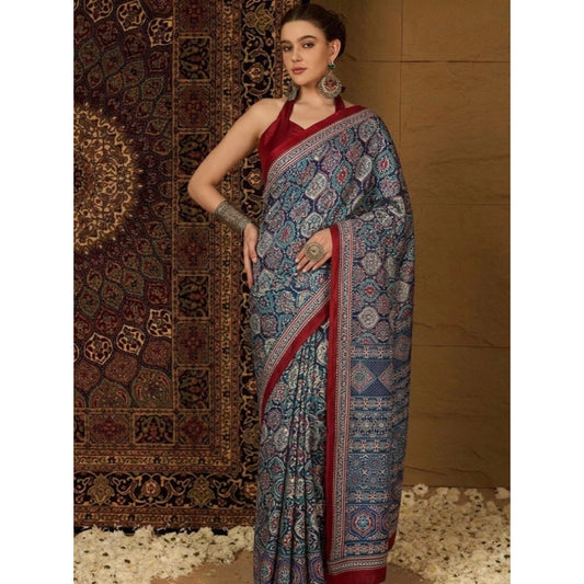 Women's Crepe Printed Saree With Unstitched Blouse 5.5m (Navy Blue)