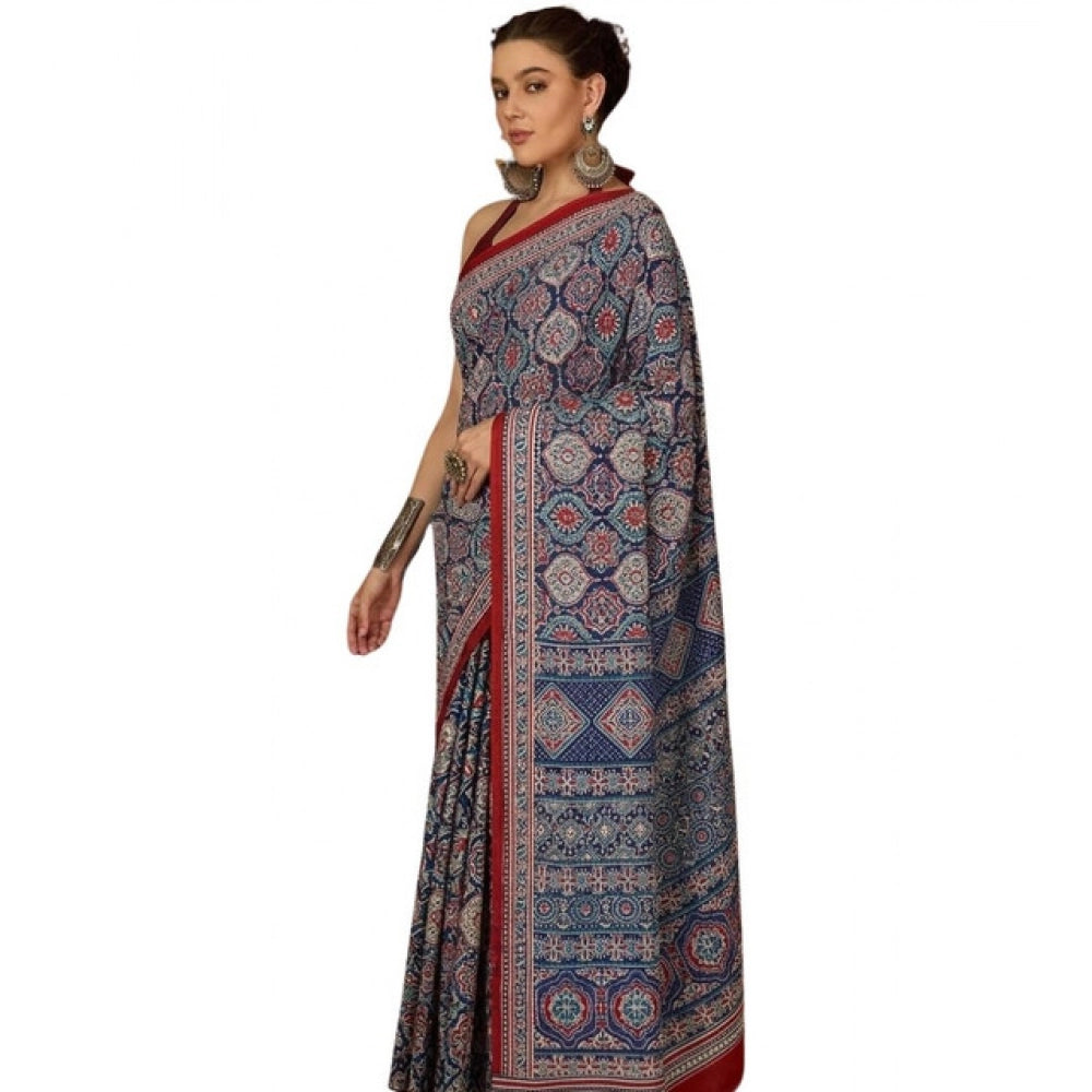 Women's Crepe Printed Saree With Unstitched Blouse 5.5 Mtr (Navy Blue)