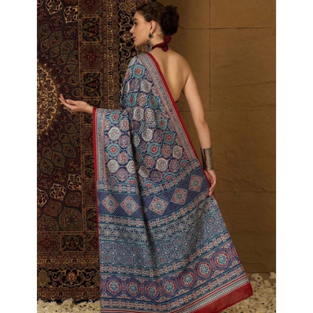 Women's Crepe Printed Saree With Unstitched Blouse 5.5 Mtr (Navy Blue)