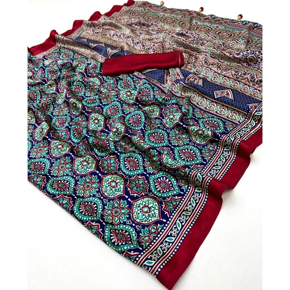 Women's Crepe Printed Saree With Unstitched Blouse 5.5 Mtr (Navy Blue)