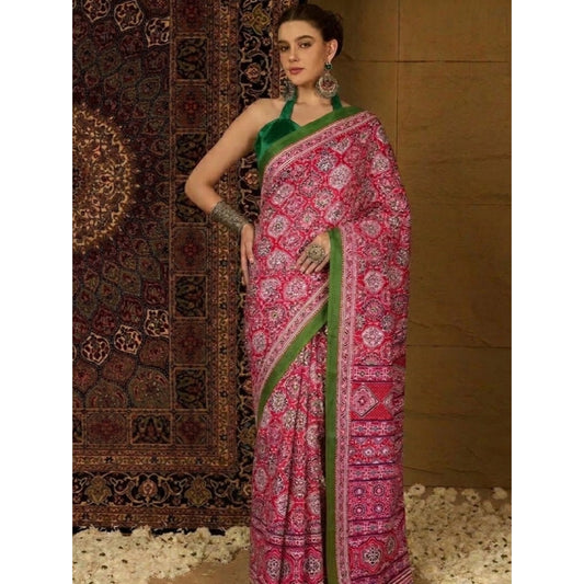 Women's Crepe Printed Saree With Unstitched Blouse 5.5m (Pink)