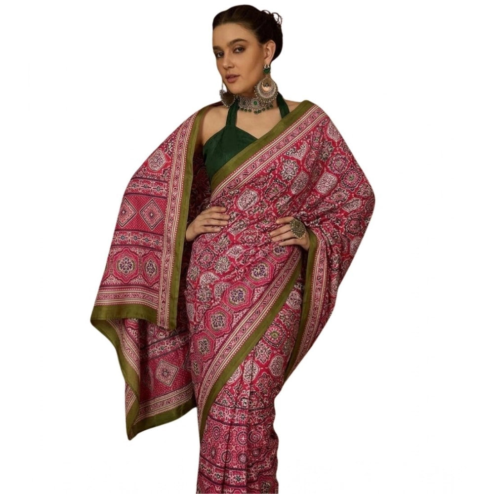 Women's Crepe Printed Saree With Unstitched Blouse 5.5 Mtr (Pink)