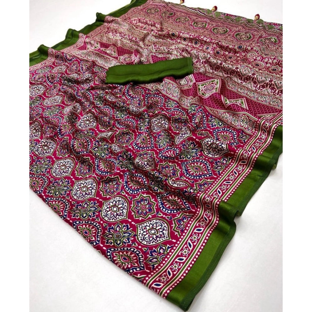 Women's Crepe Printed Saree With Unstitched Blouse 5.5 Mtr (Pink)