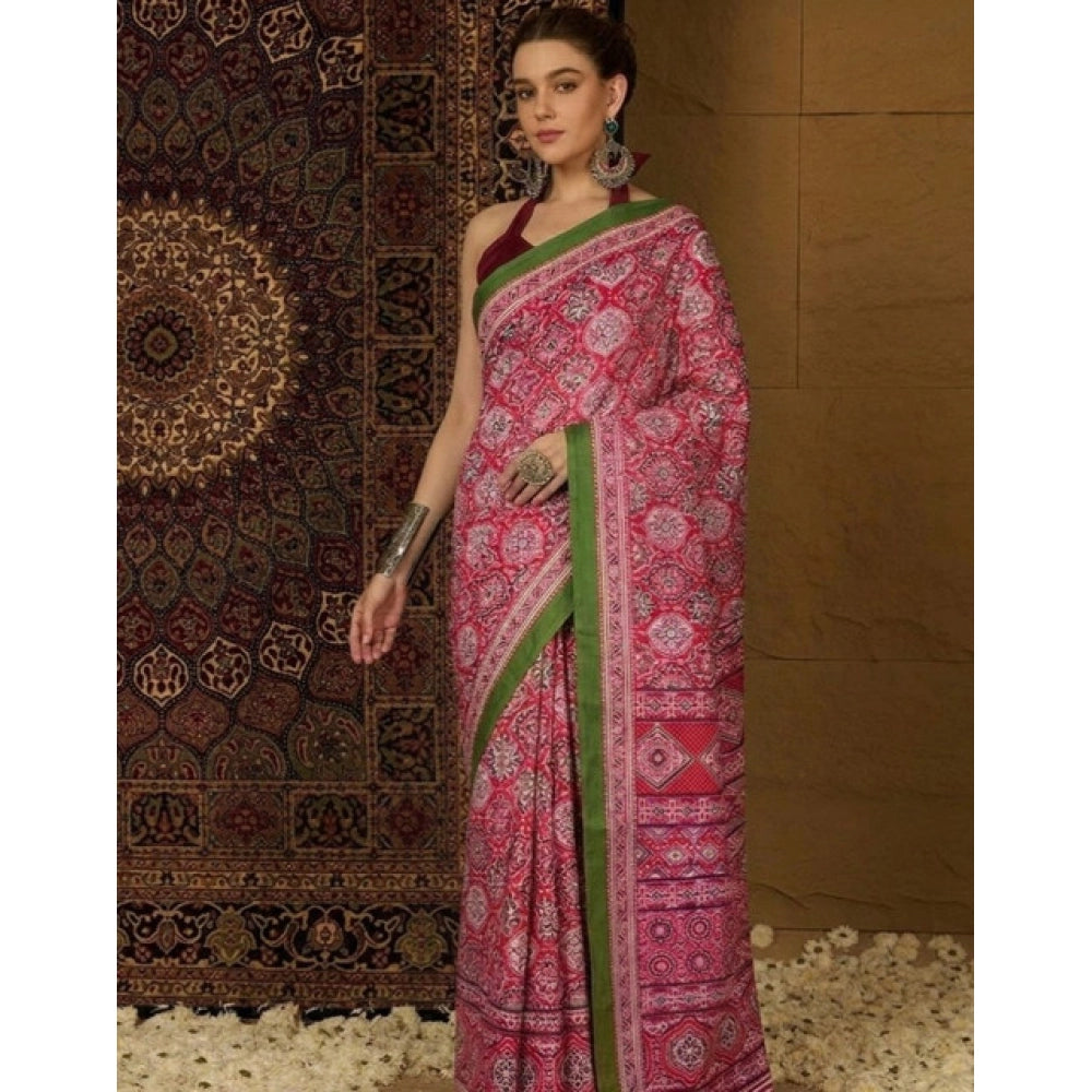 Women's Crepe Printed Saree With Unstitched Blouse 5.5 Mtr (Pink)