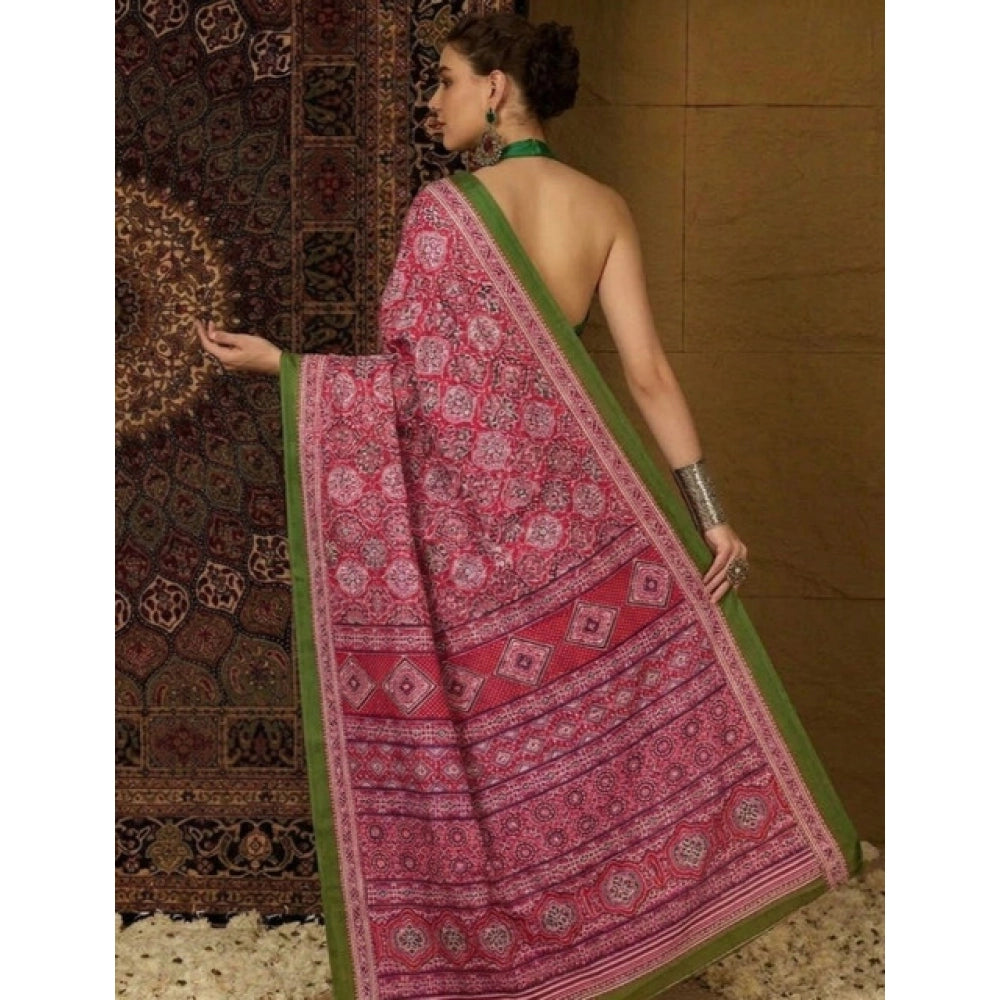 Women's Crepe Printed Saree With Unstitched Blouse 5.5 Mtr (Pink)