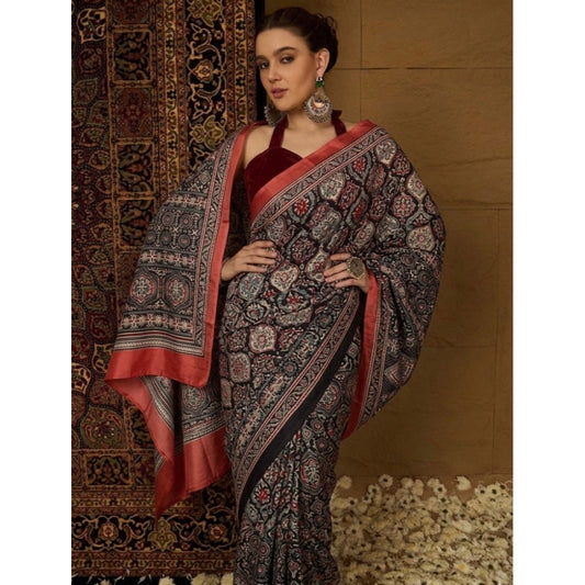 Women's Crepe Printed Saree With Unstitched Blouse 5.5m (Multicolor)
