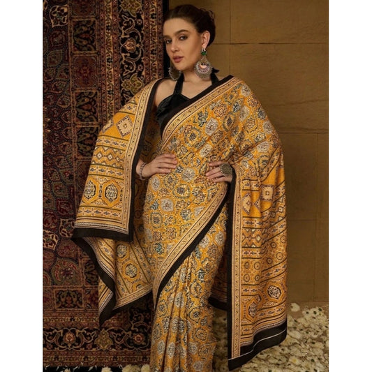 Women's Crepe Printed Saree With Unstitched Blouse 5.5m (Yellow)