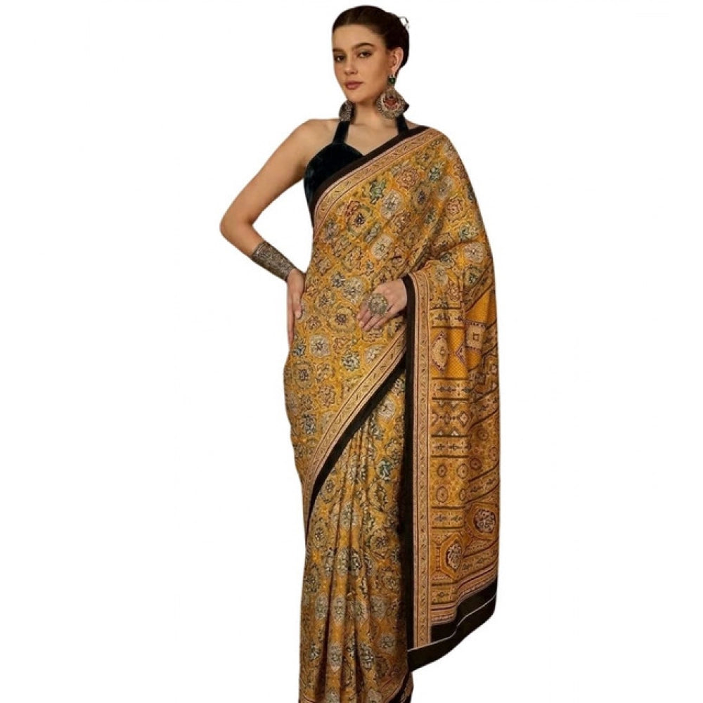 Women's Crepe Printed Saree With Unstitched Blouse 5.5 Mtr (Yellow)