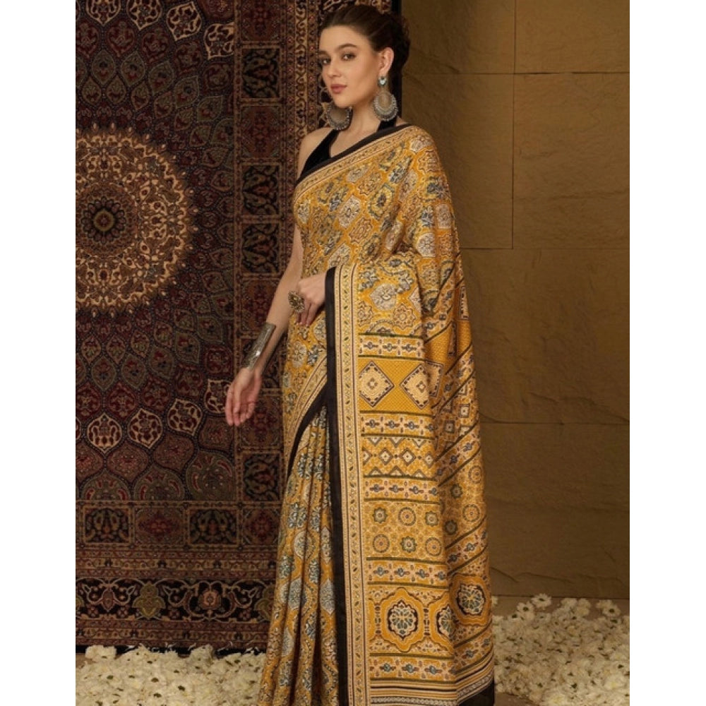 Women's Crepe Printed Saree With Unstitched Blouse 5.5 Mtr (Yellow)