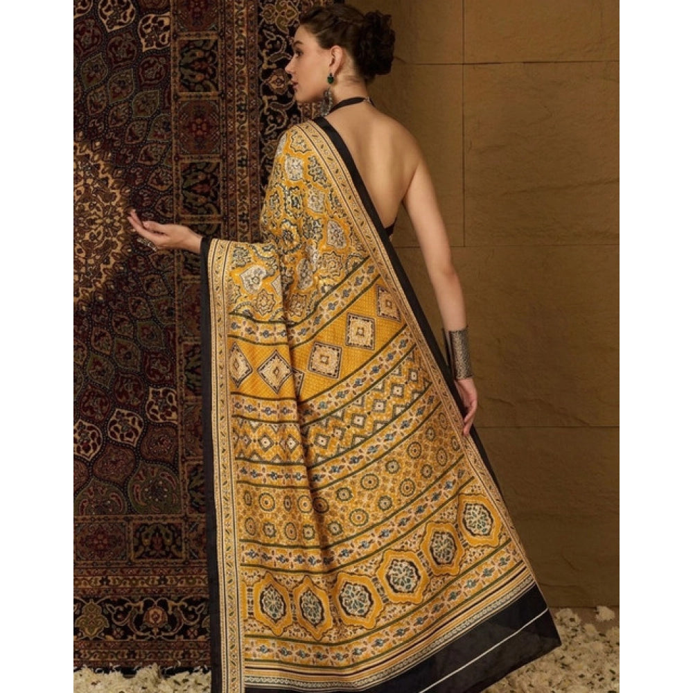 Women's Crepe Printed Saree With Unstitched Blouse 5.5 Mtr (Yellow)