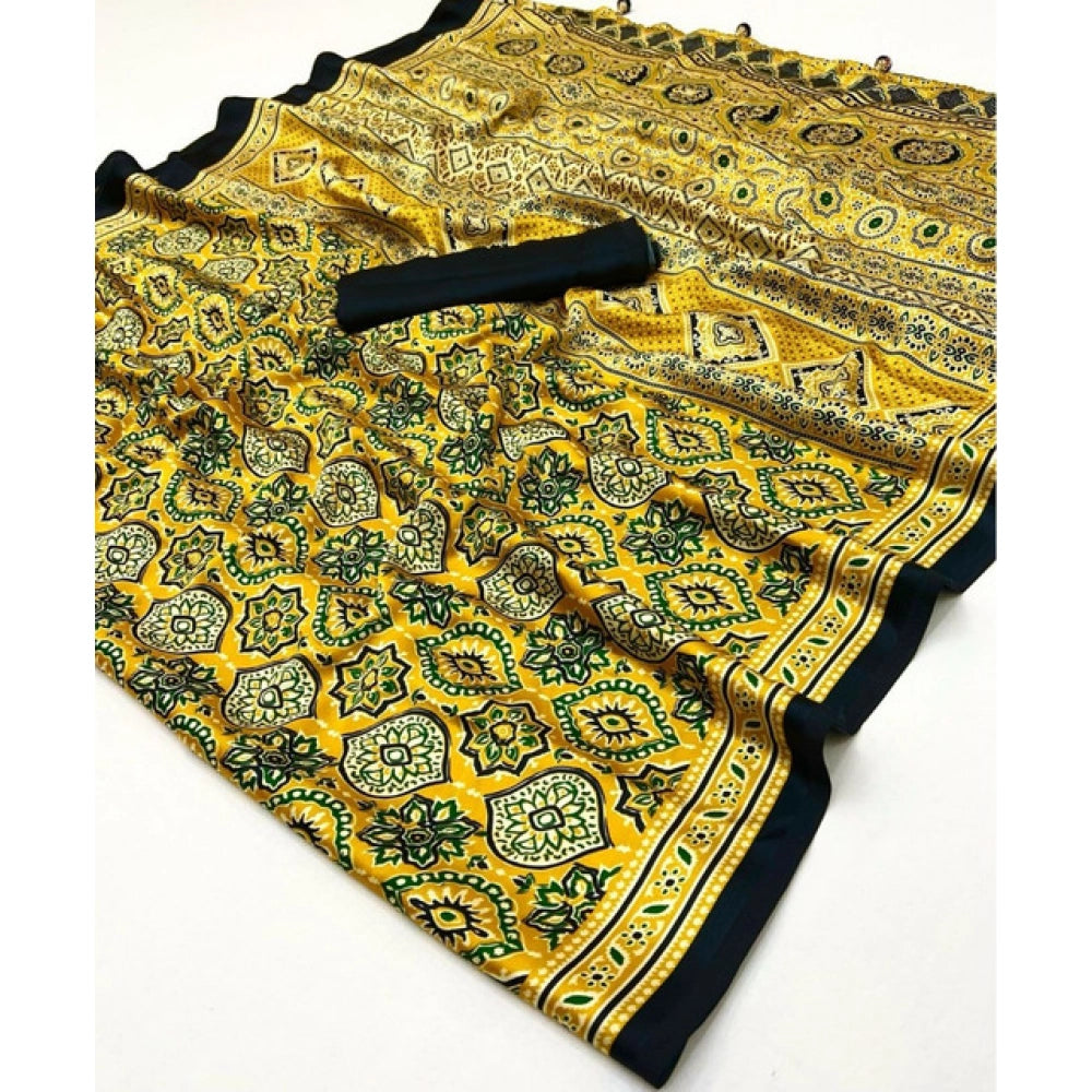Women's Crepe Printed Saree With Unstitched Blouse 5.5 Mtr (Yellow)