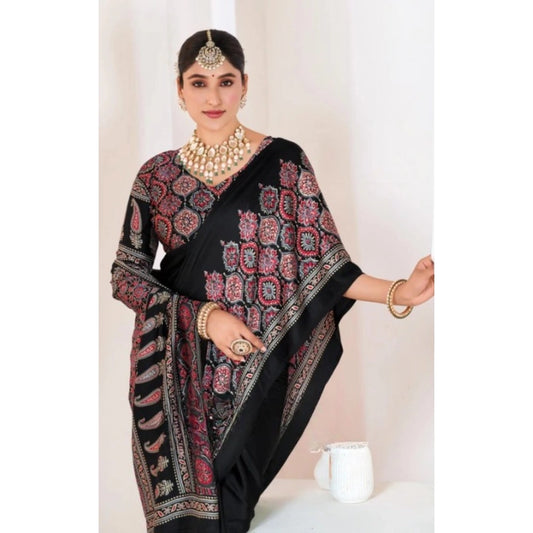 Women's Crepe Printed Saree With Unstitched Blouse 5.5m (Black)