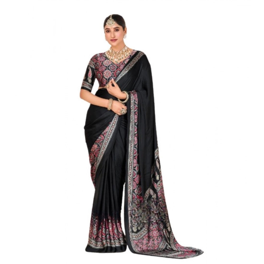 Women's Crepe Printed Saree With Unstitched Blouse 5.5 Mtr (Black)