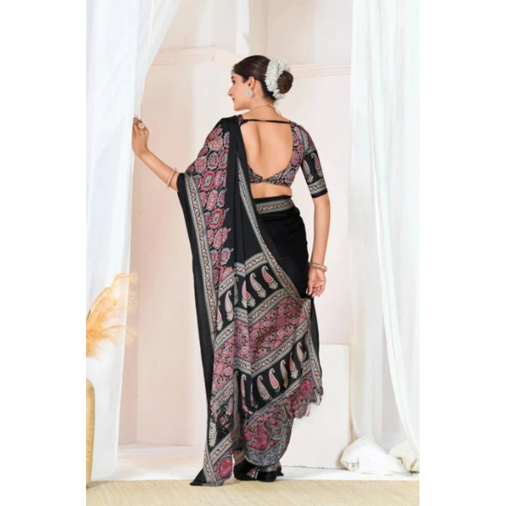 Women's Crepe Printed Saree With Unstitched Blouse 5.5 Mtr (Black)