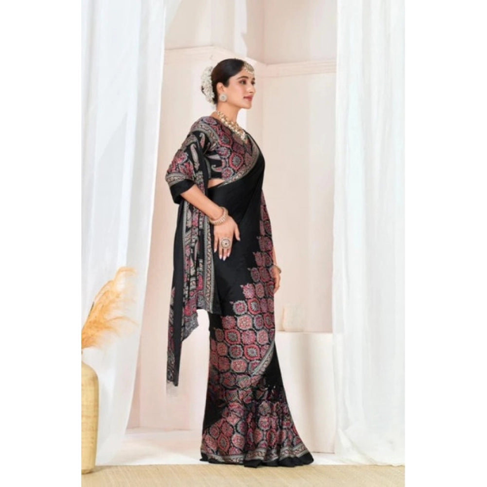 Women's Crepe Printed Saree With Unstitched Blouse 5.5 Mtr (Black)