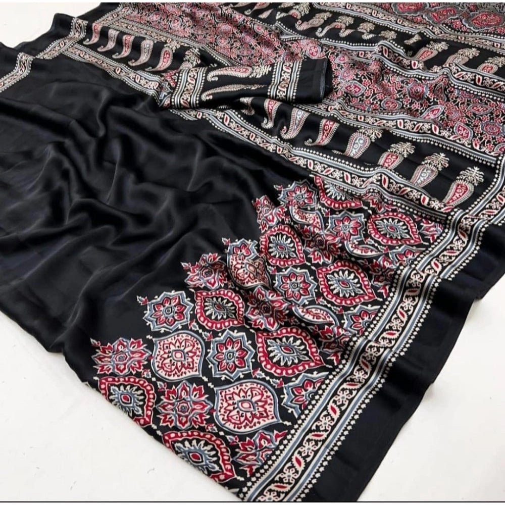 Women's Crepe Printed Saree With Unstitched Blouse 5.5 Mtr (Black)