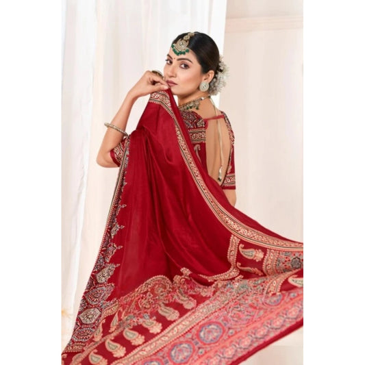 Women's Crepe Printed Saree With Unstitched Blouse 5.5m (Maroon)