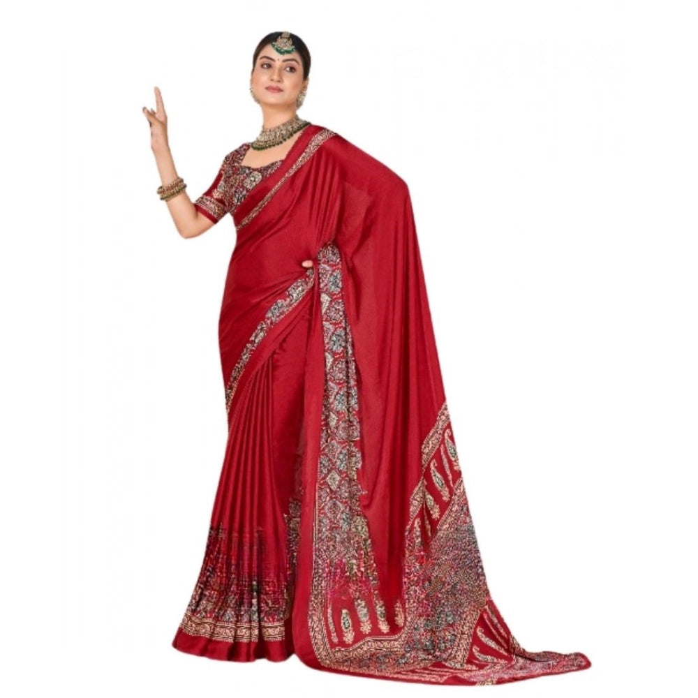Women's Crepe Printed Saree With Unstitched Blouse 5.5 Mtr (Maroon)